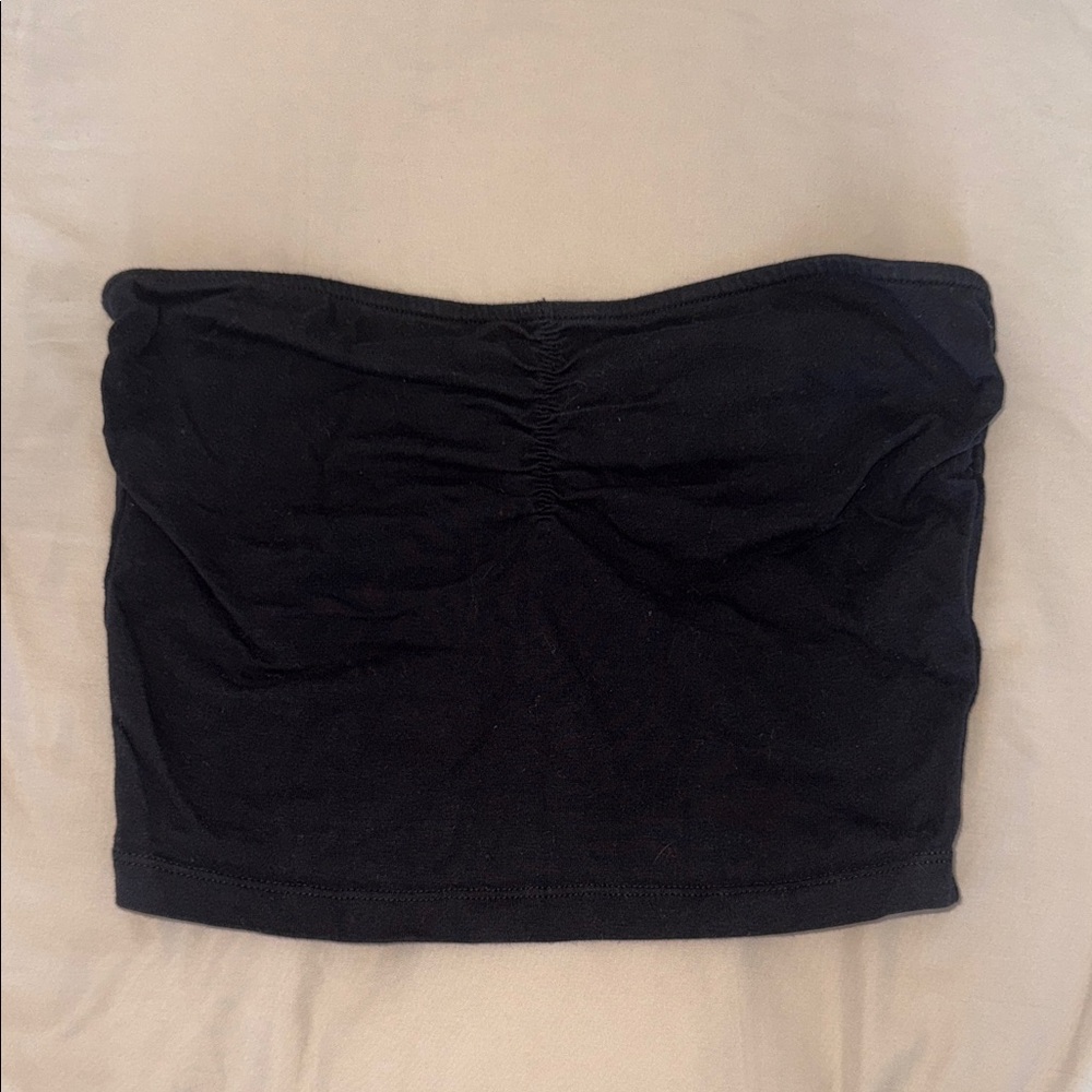 Garage Black Strapless Tube Top with Metal Logo Accent